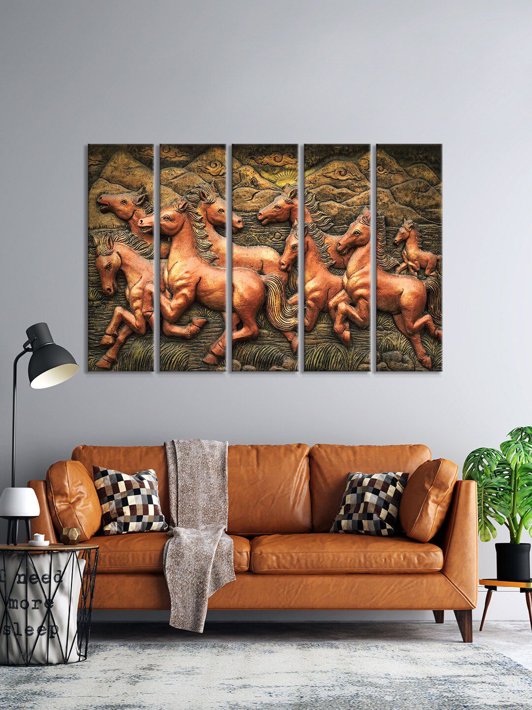 999Store Set Of 5 The Running Brown Horses Framed Wall Arts Price in India