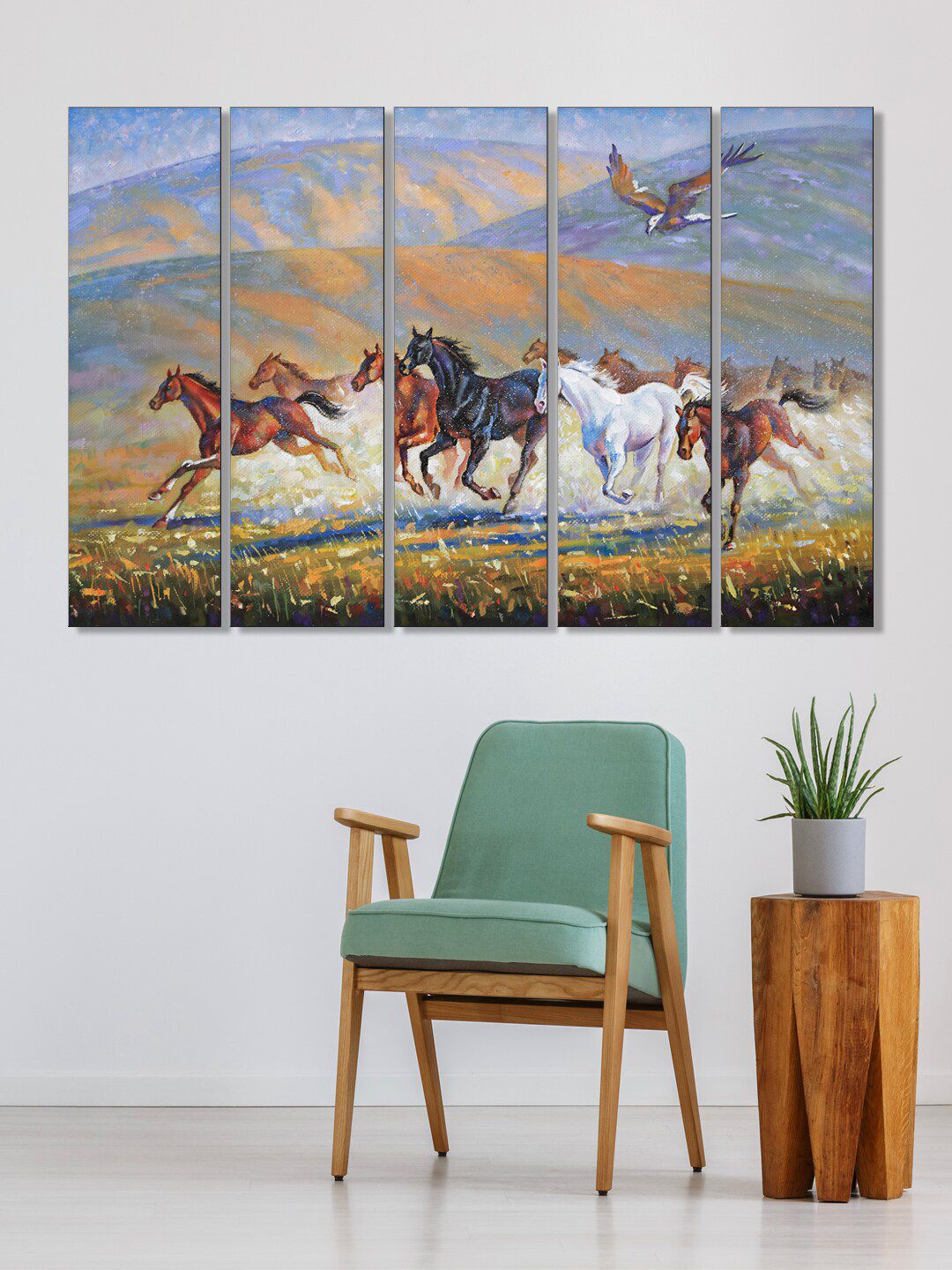 999Store Set Of 5 Brown & Blue Panel Running Horses Hanging Wall Painting Price in India