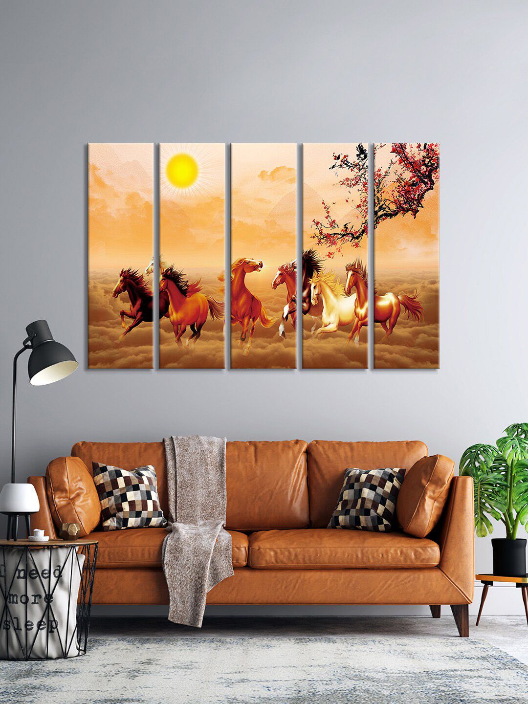 999Store Set Of 5 Brown & Orange Horse Running in the jungle Printed Wall Painting Price in India