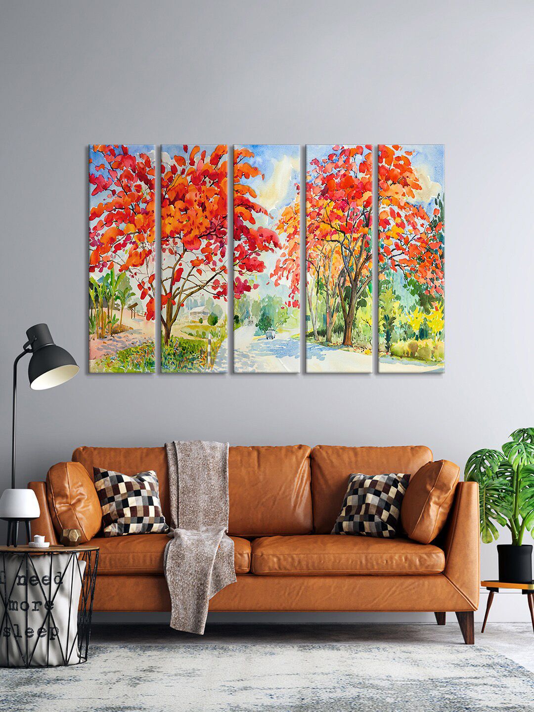 999Store Set of 5 Red & Green Colorful Tree With River Nature View Panel wall painting wall Hanging Price in India