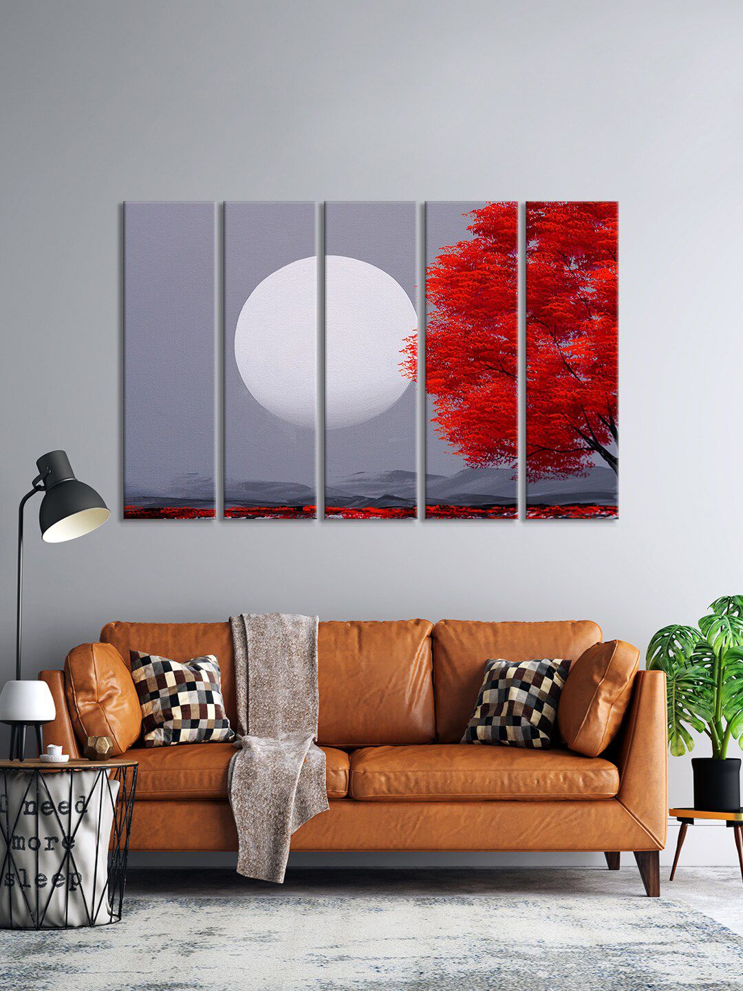 999Store Set Of 5 Grey Moonlight Background With Tree Panel Wall Painting Wall Art Price in India