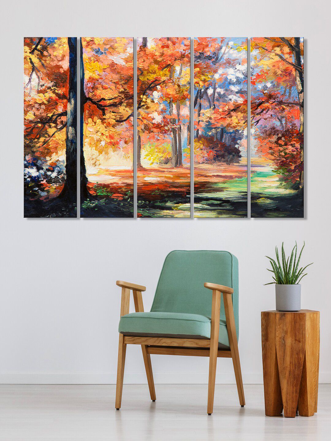 999Store Set Of 5 Orange & Blue Autumn Painting Framed Wall Art Price in India