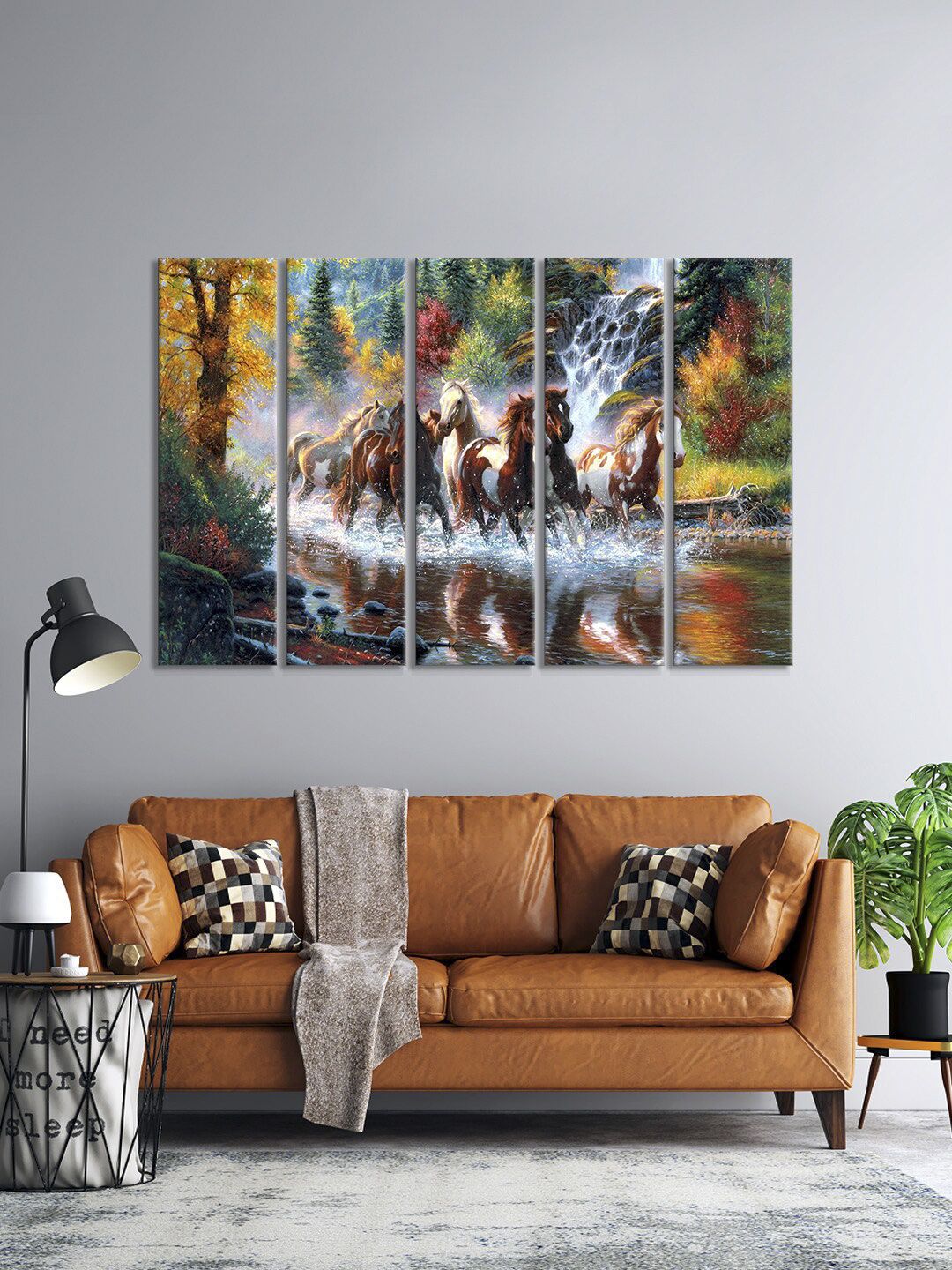 999Store Set Of 5 Multicoloured Running Horses In A River Painting Framed Wall Art Price in India