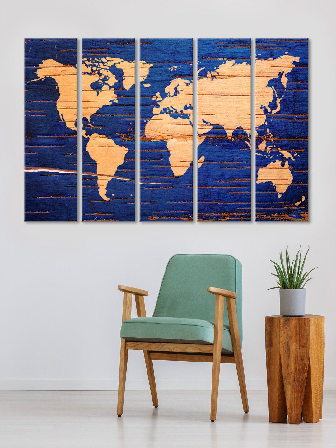 999Store Set Of 5 Blue World Map Panel Wall Painting Wall Art Price in India