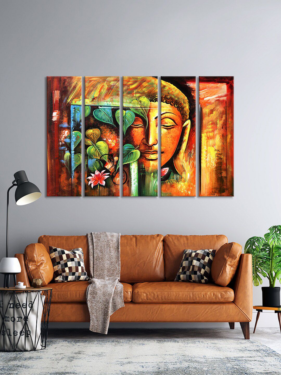 999Store Set Of 5 Brown & Orange Lord Buddha Painting Framed Wall Art Price in India