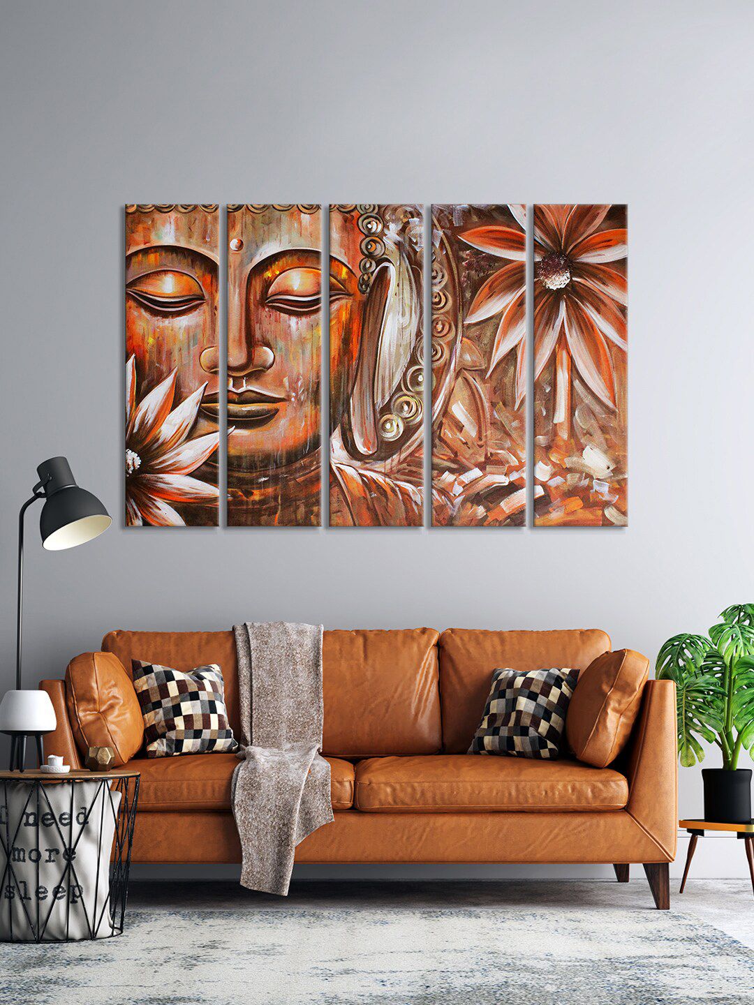 999Store Set Of 5 Brown & Beige Lord Buddha Painting Framed Wall Art Price in India