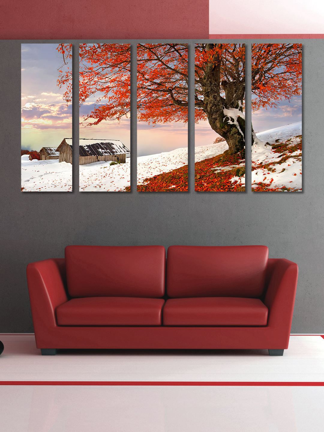 999Store Red Set Of 5 Printed Tree in The Snow Framed Wall Art Price in India