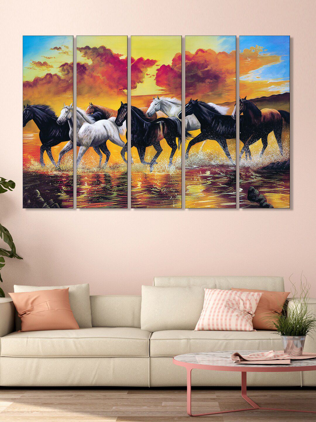 999Store Set Of 5 Multicoloured Running Horses Painting Framed Wall Art Price in India