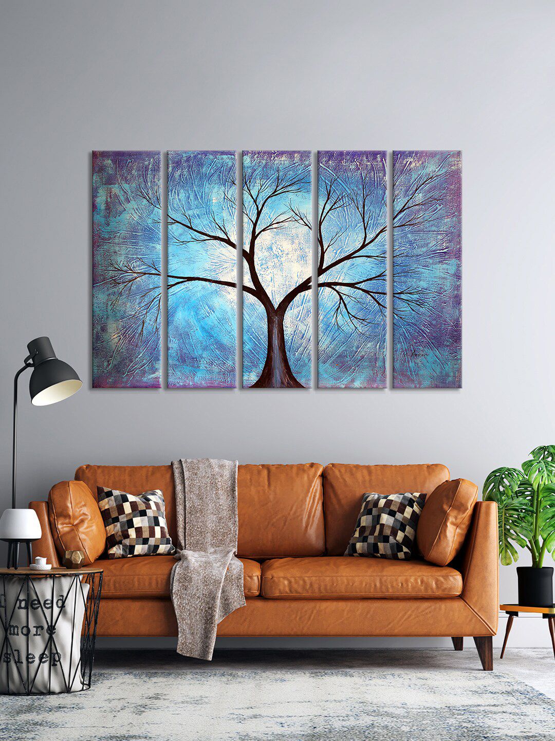 999Store Blue Set Of 5 Tree Portrait Painting Framed Wall Arts Price in India