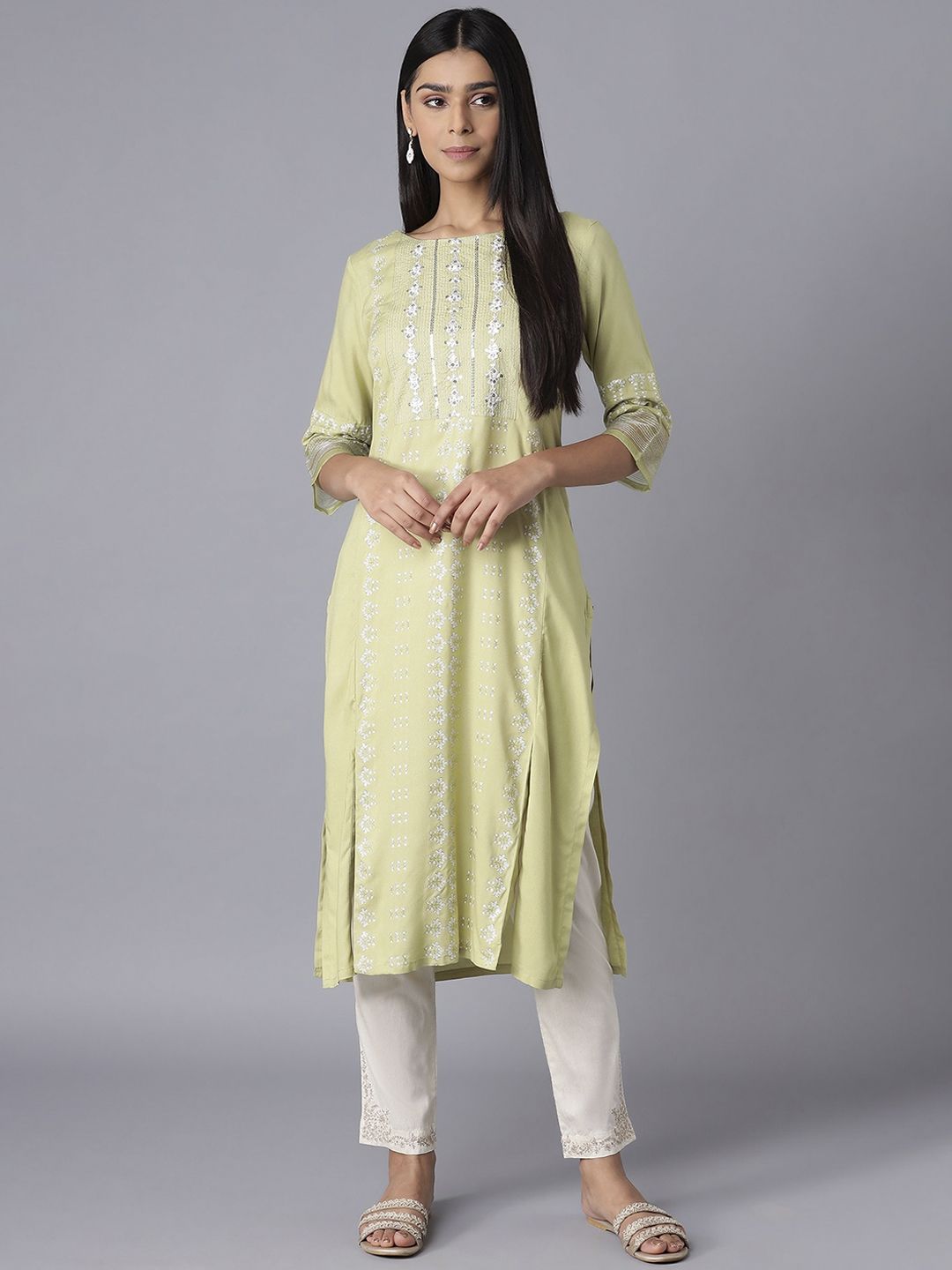 W Women Green Ethnic Motifs Embroidered Kurta Price in India