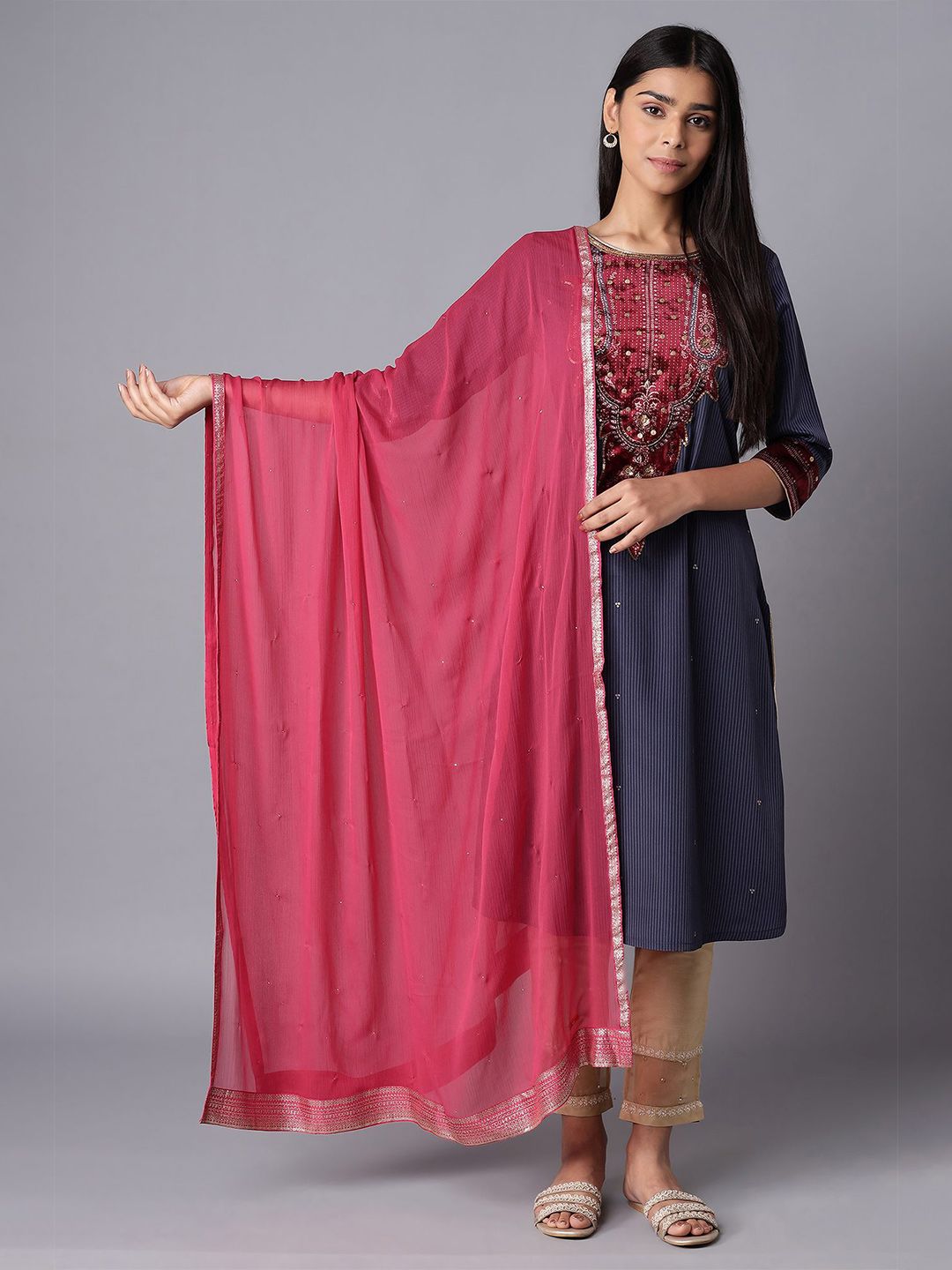 W Magenta & Silver-Toned Dupatta with Sequinned Price in India