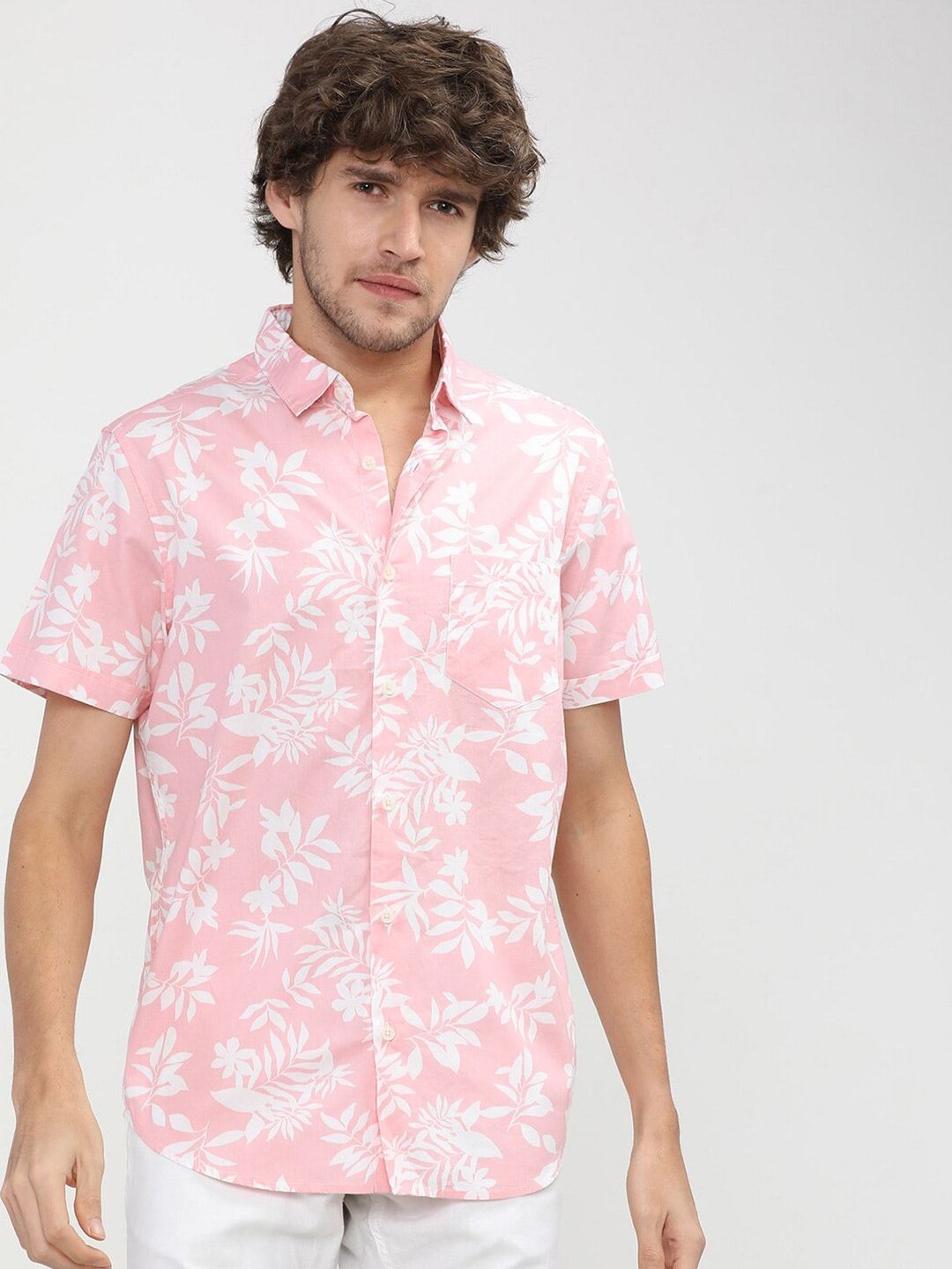 HIGHLANDER Men Pink 7 White Slim Fit Floral Printed Casual Shirt