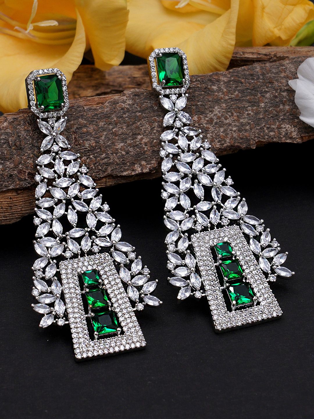 KARATCART Green & Silver-Plated Triangular Drop Earrings Price in India