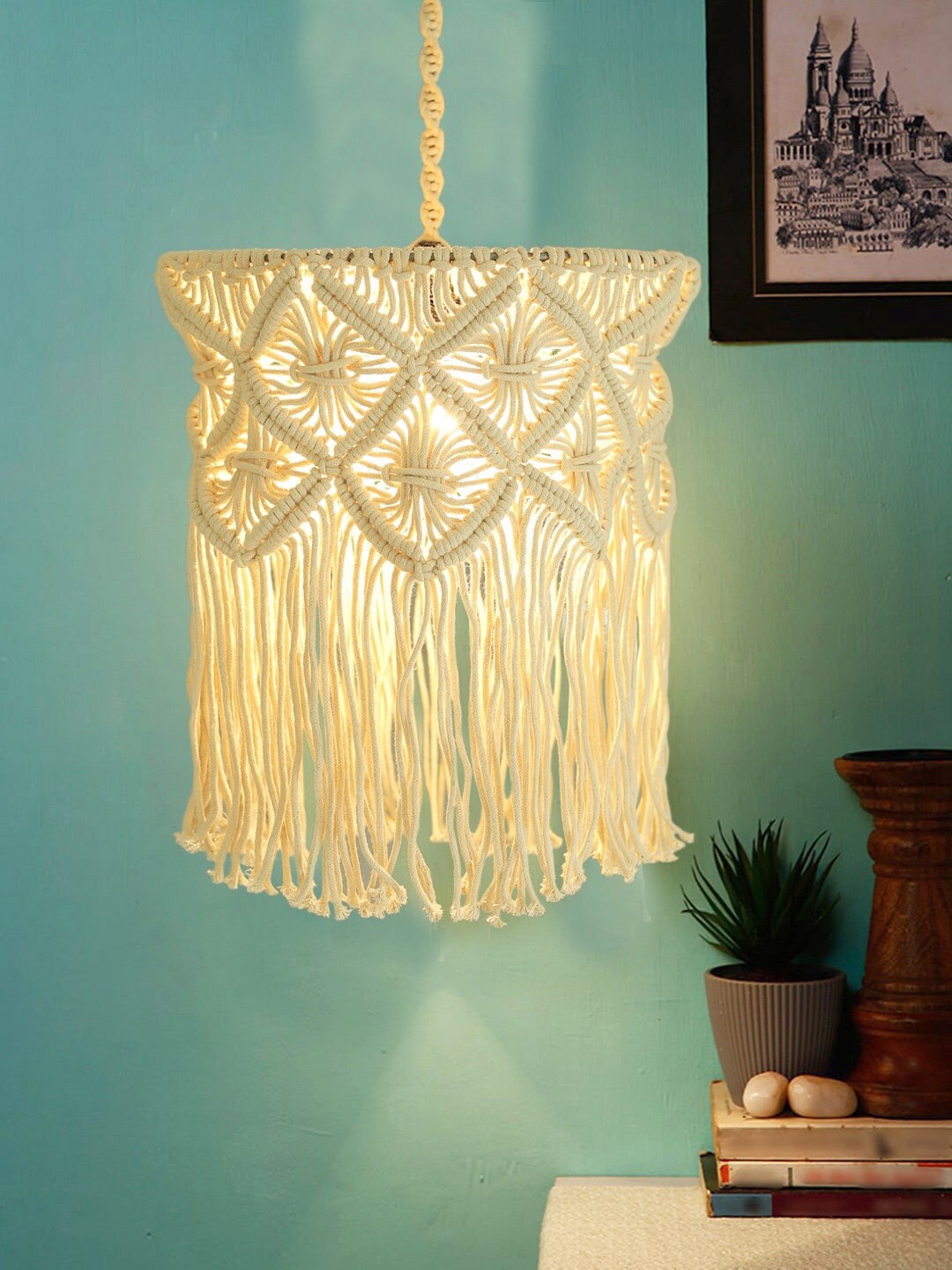 BELLA TRUE Beige Macrame Cotton Contemporary Hanging Lamp Shade Price in India