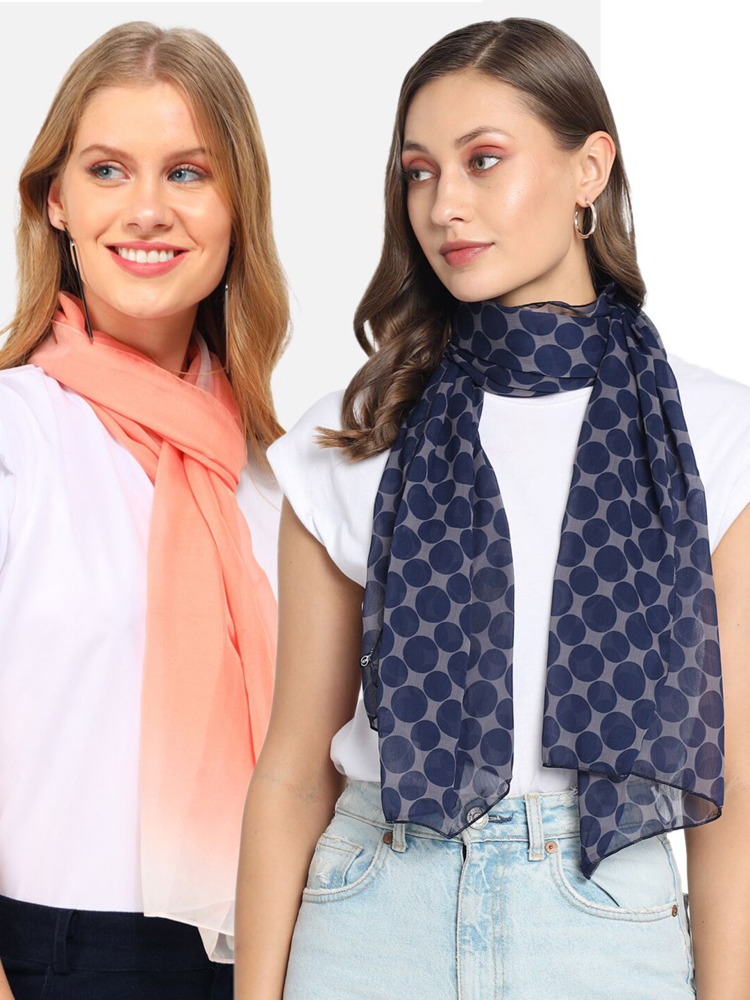 Trend Arrest Set Of 2 Women Navy Blue & Peach-Coloured Printed Scarf Price in India