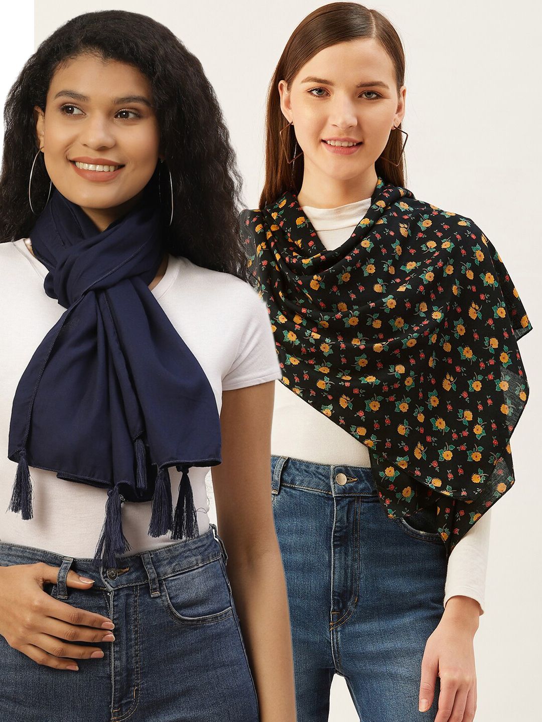 Trend Arrest Women Set Of 2 Navy Blue & Black Printed Scarf Price in India