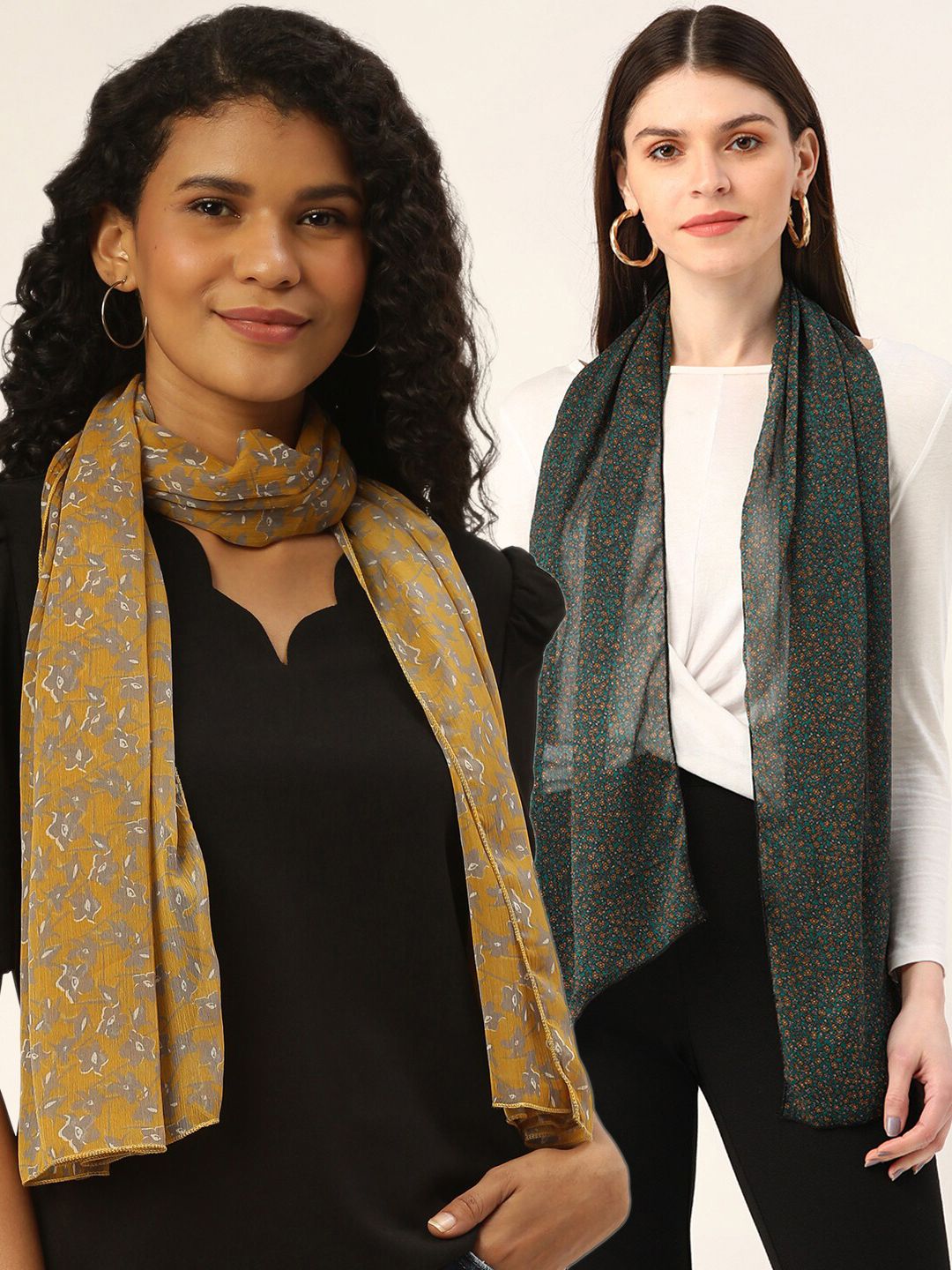 Trend Arrest Women Pack of 2 Yellow & Green Printed Scarves Price in India