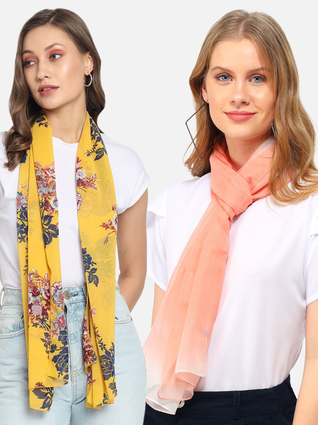 Trend Arrest Women Yellow & Peach-Coloured Set Of 2 Scarves Price in India