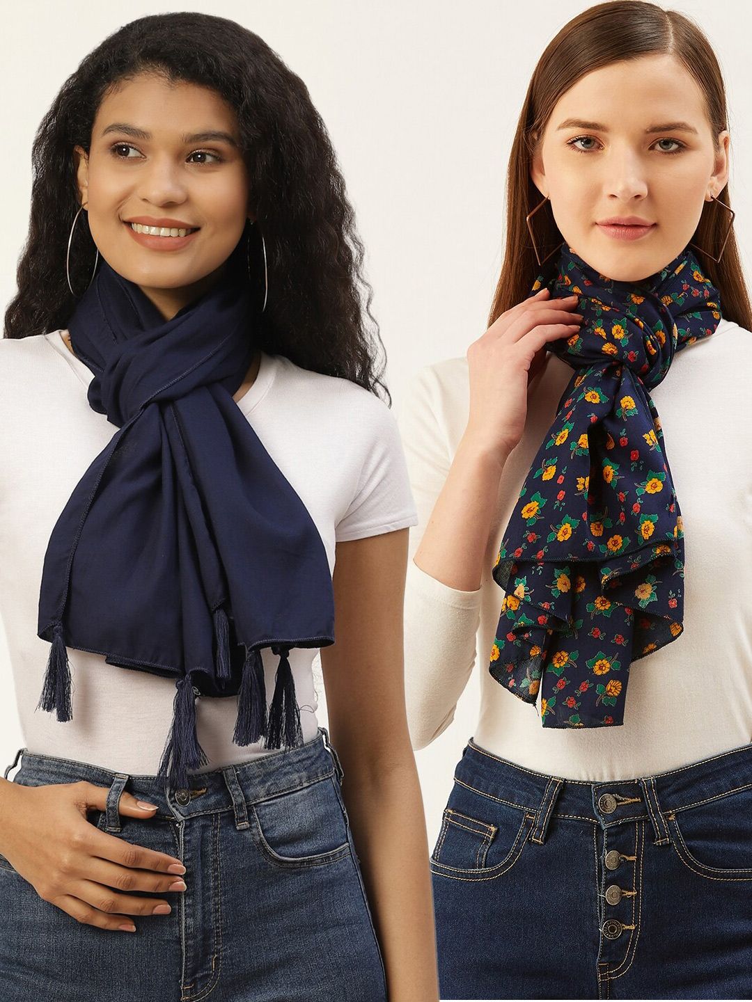 Trend Arrest Women Pack of 2 Navy Blue Printed Cotton Scarves Price in India