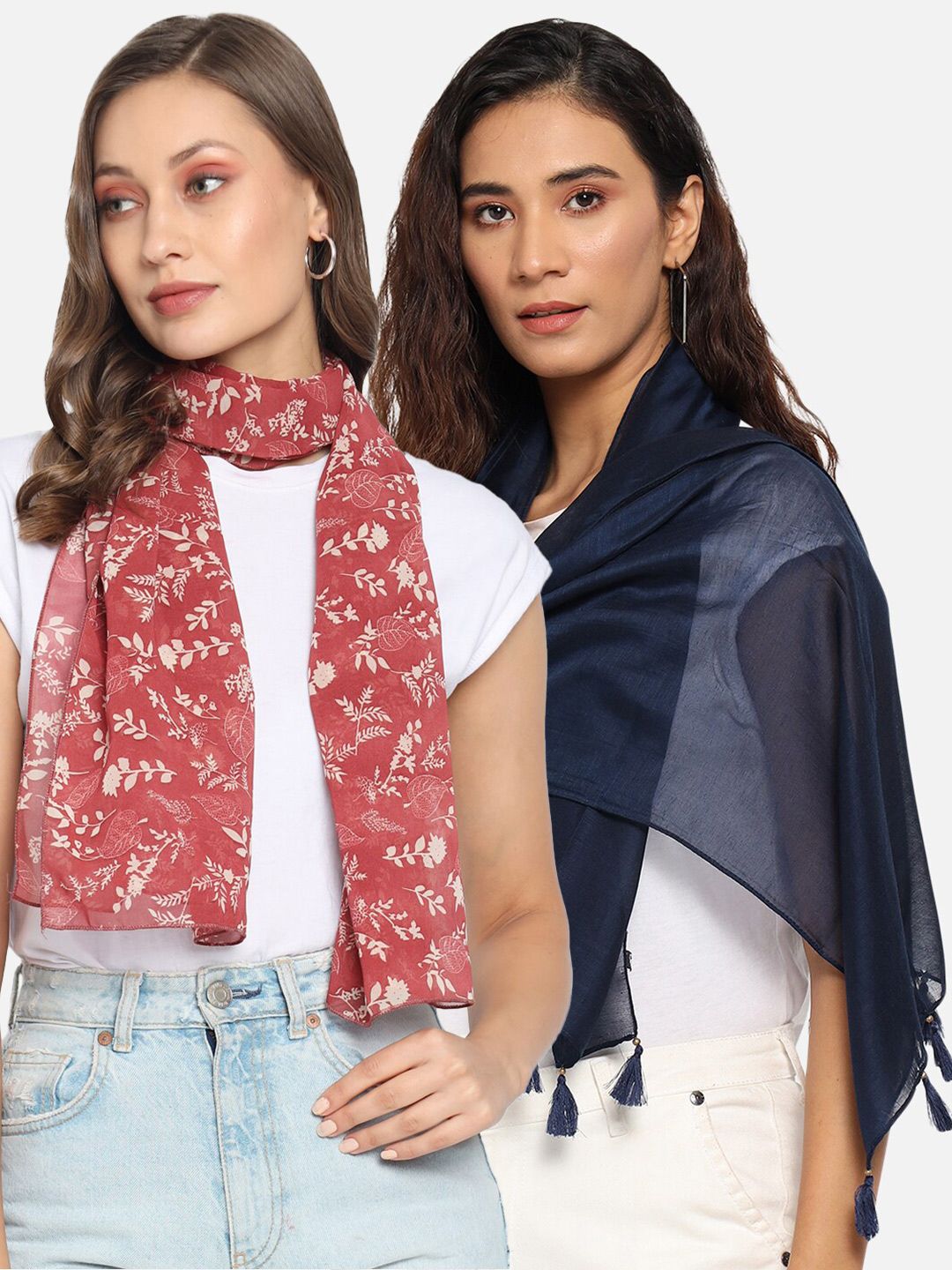 Trend Arrest Women Navy Blue & Red Set Of 2 Scarves Price in India