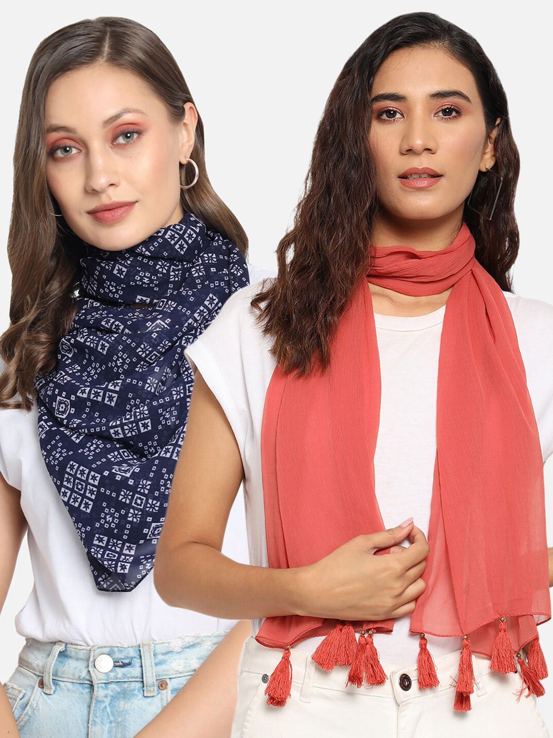 Trend Arrest Women Navy Blue & Orange Pack of 2 Printed Scarves Price in India