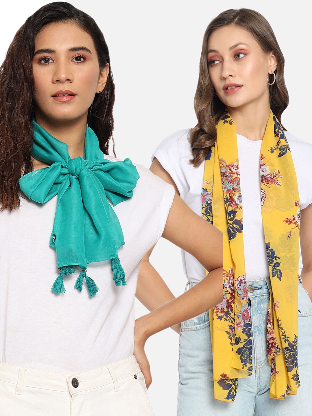 Trend Arrest Women Yellow & Turquoise Blue Set of 2 Printed Scarf Price in India