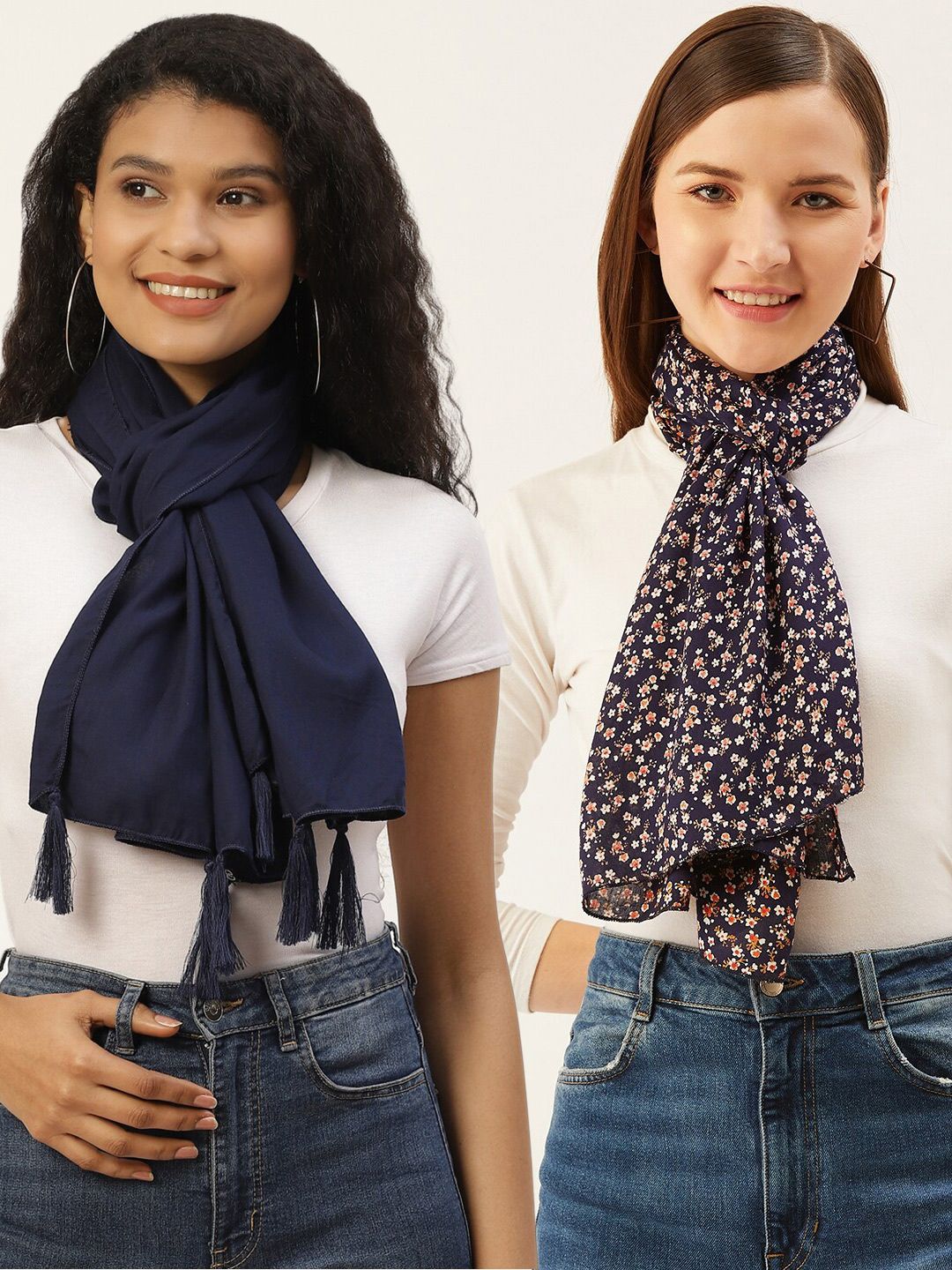 Trend Arrest Women Set Of 2 Navy Blue & White Printed Scarf Price in India