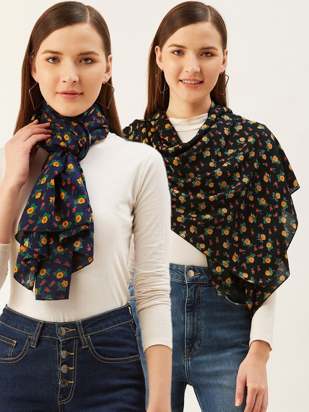 Trend Arrest Women Black & Multicoloured Set Of 2 Floral Printed Scarves Price in India