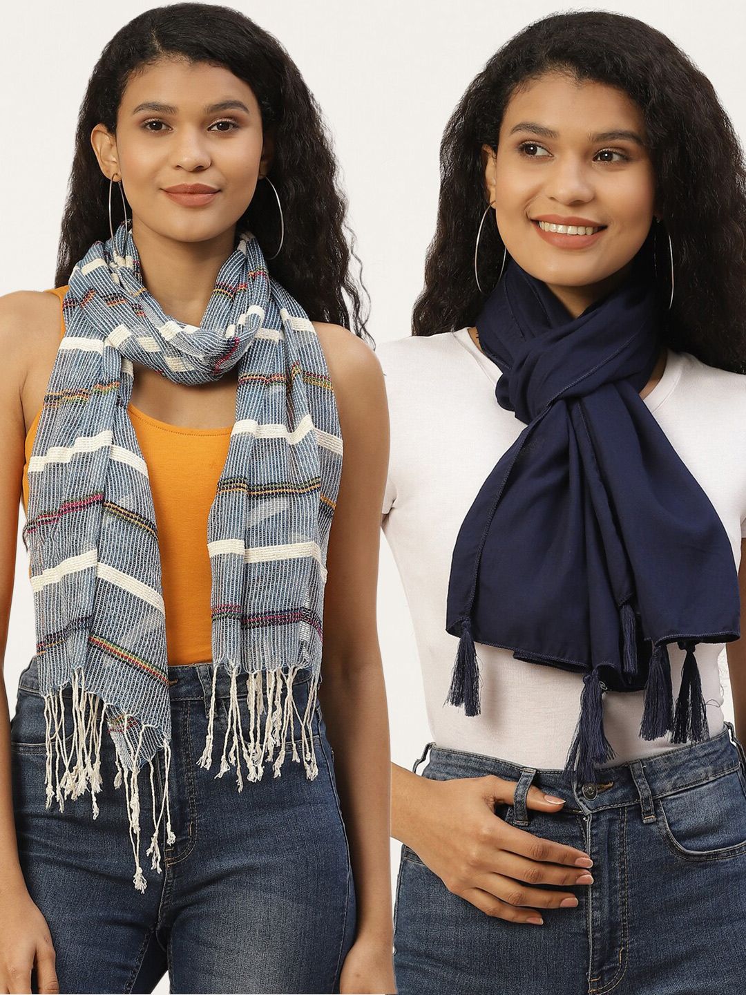 Trend Arrest Women Pack Of 2 Grey & Navy Blue Striped Scarf Price in India