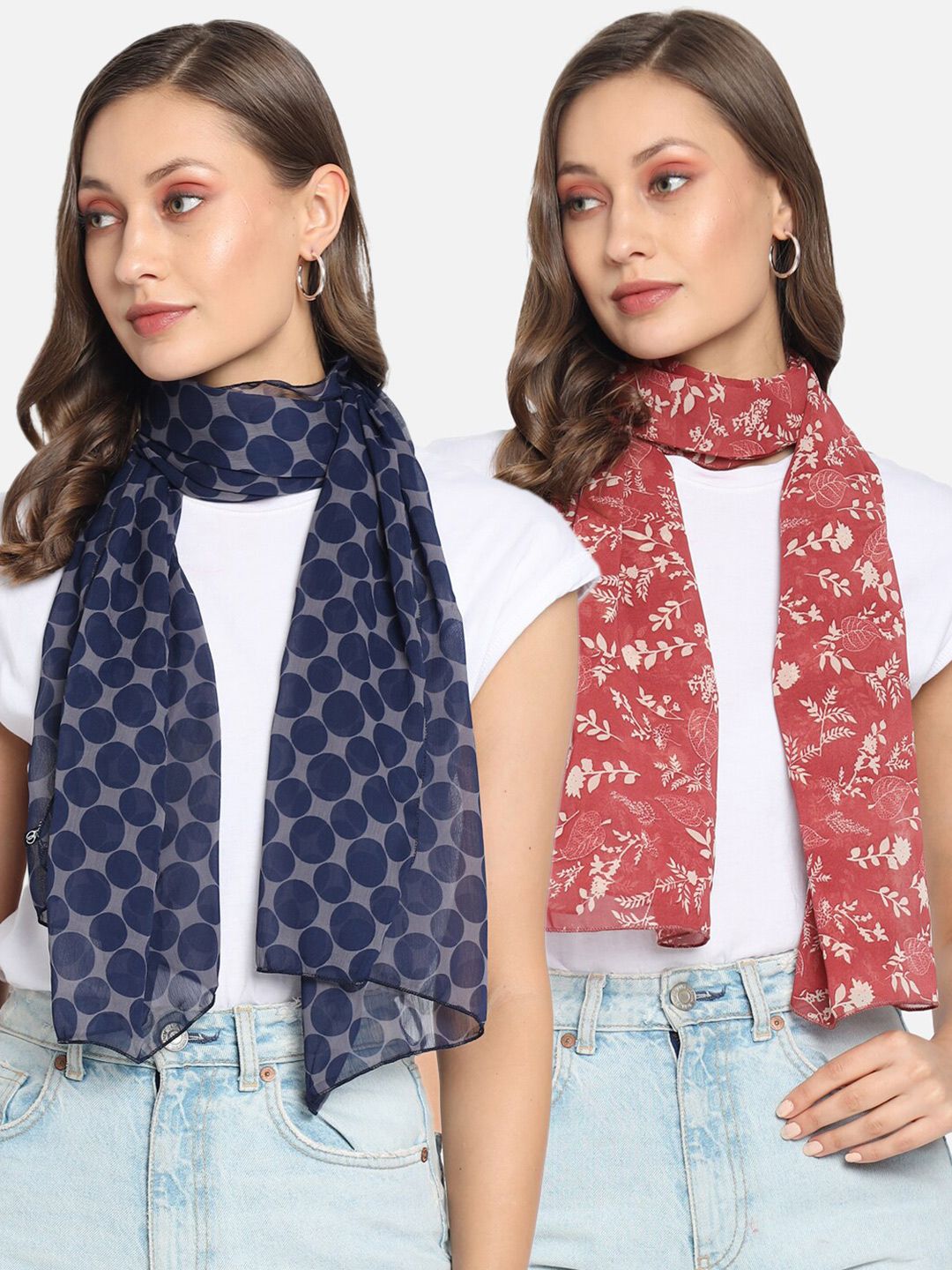 Trend Arrest Women Set Of 2 Red & Navy Blue Printed Scarf Price in India