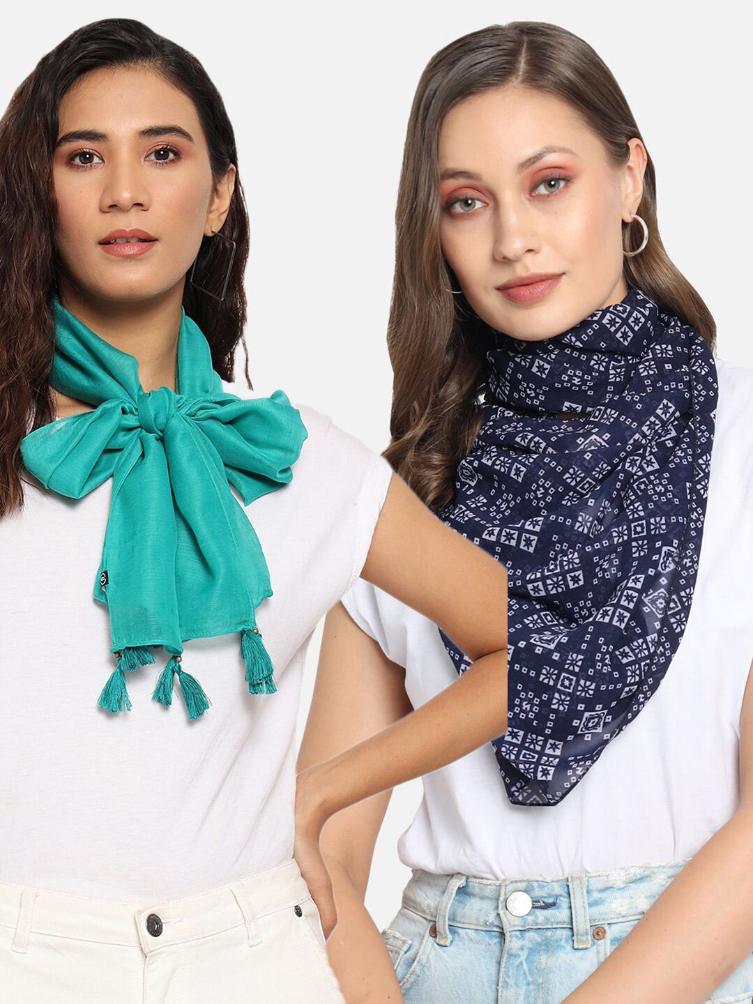 Trend Arrest Women Set Of 2 Navy Blue & Turquoise Blue Printed Scarf Price in India