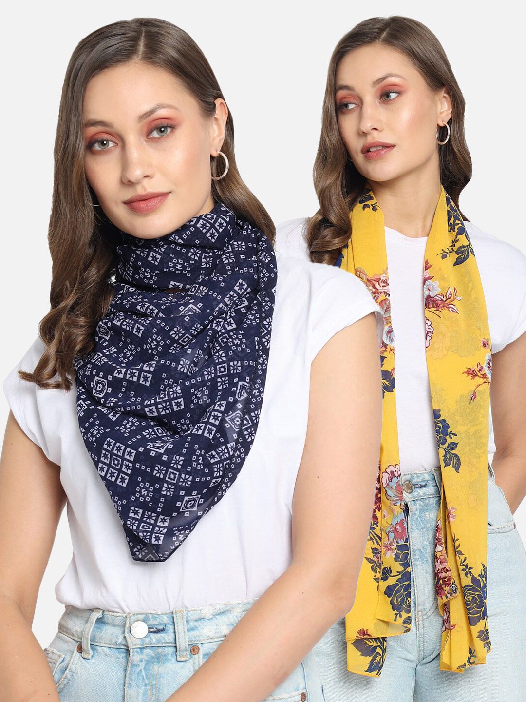 Trend Arrest Women Pack of 2 Navy Blue & Yellow Printed Scarves Price in India