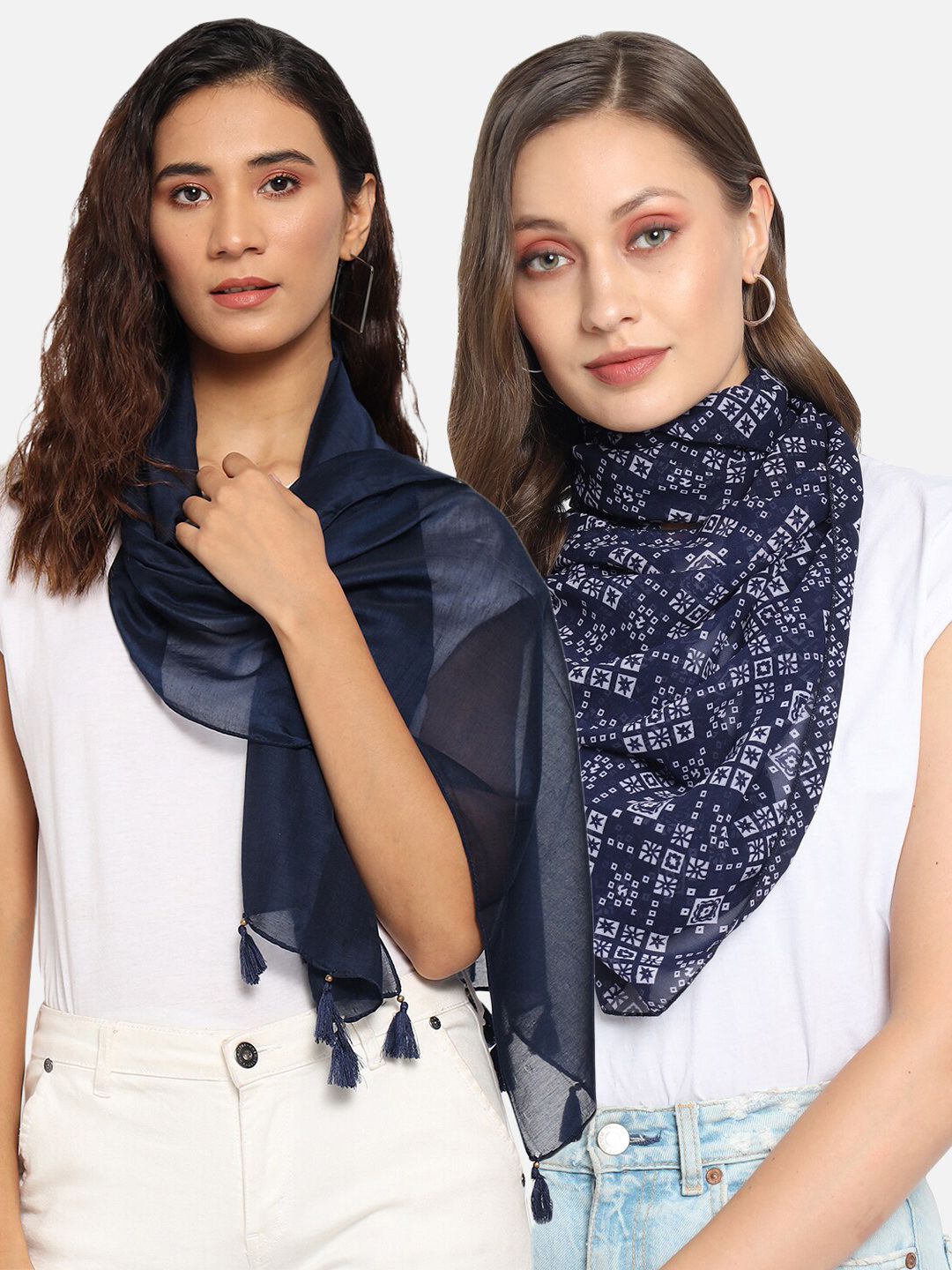 Trend Arrest Set Of 2  Women Navy Blue & White Printed Scarf Price in India