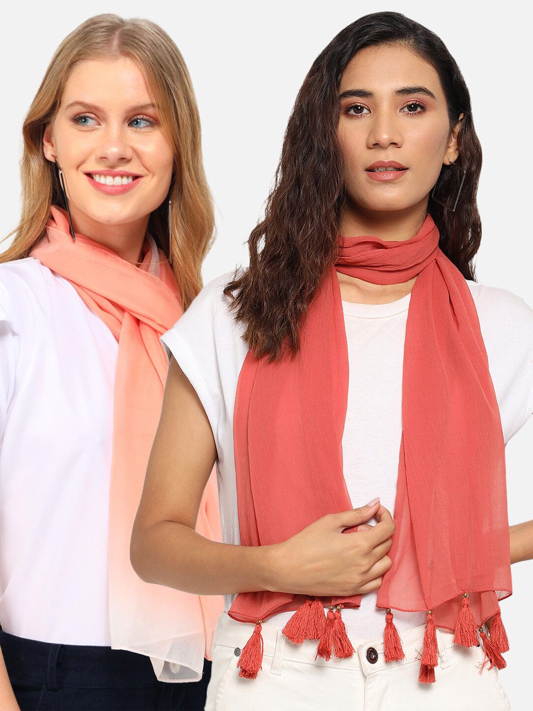 Trend Arrest Women Pack Of 2 Peach-Coloured & Red Scarf Price in India