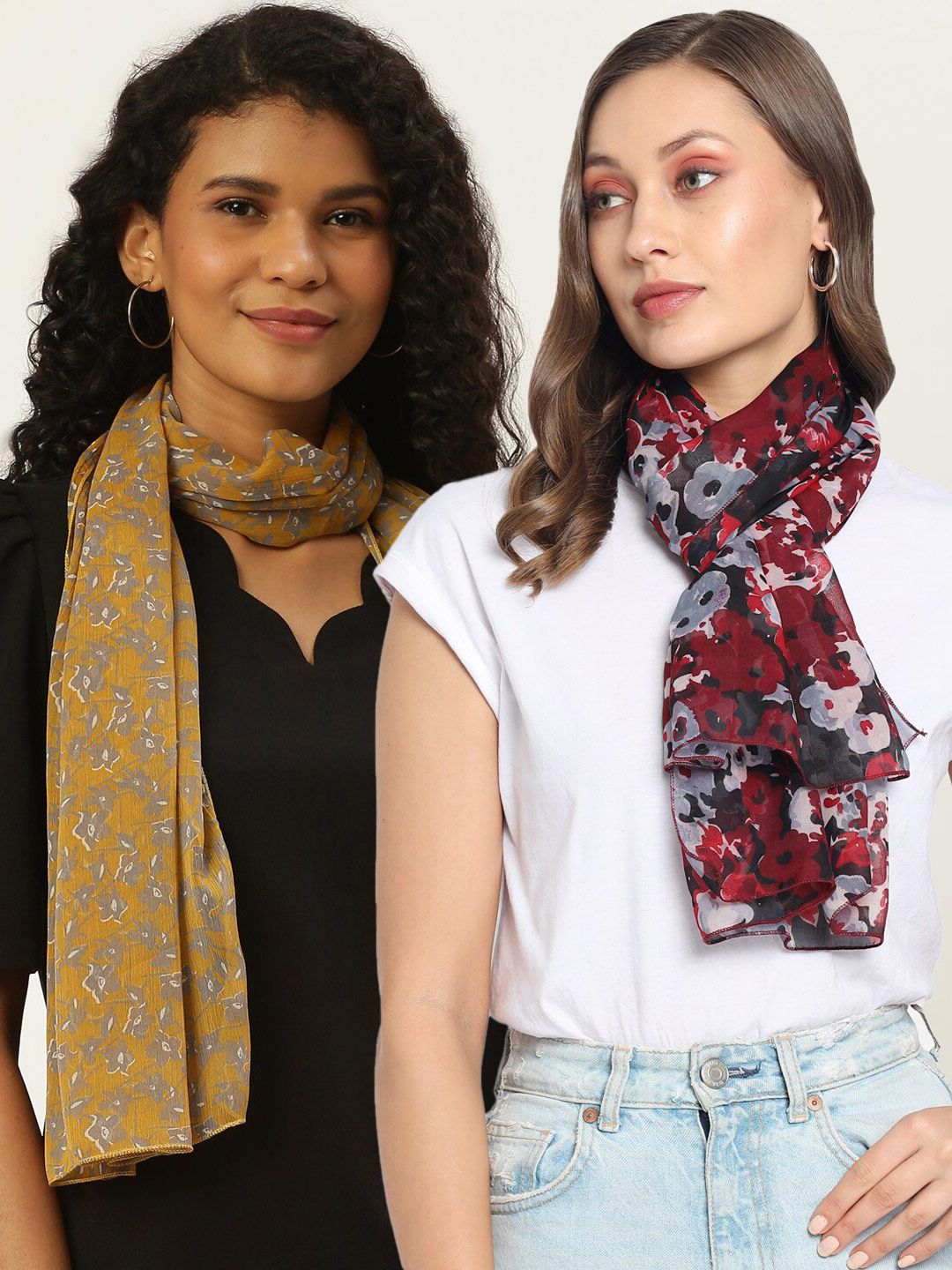 Trend Arrest Women Pack of 2 Maroon & Yellow Printed Scarves Price in India