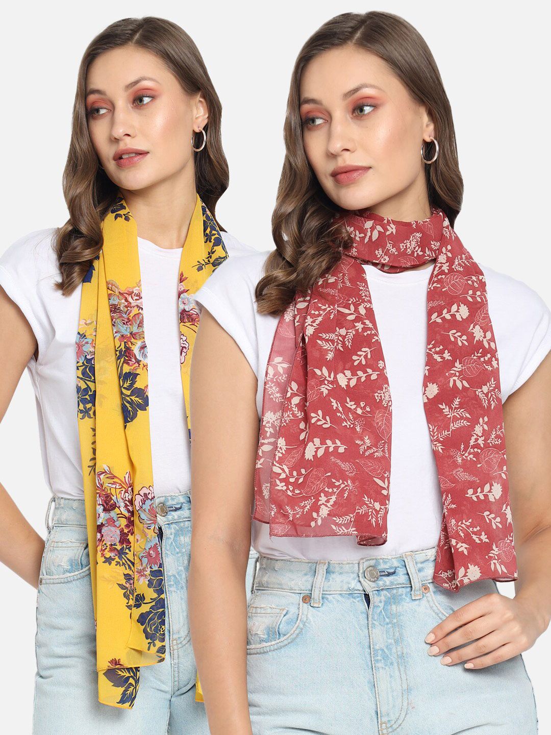 Trend Arrest Women Yellow & Red Set Of 2 Printed Scarves Price in India