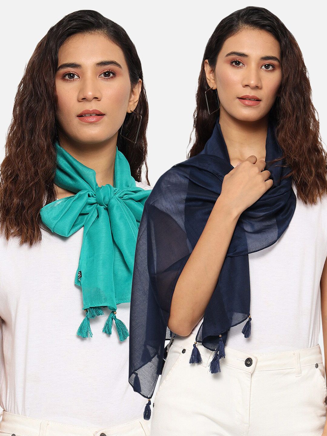 Trend Arrest Women Navy Blue & Sea Green Set of 2 Scarf Price in India