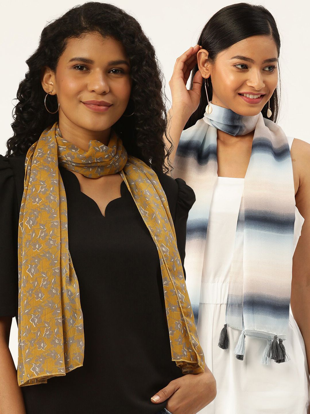 Trend Arrest Women Pack of 2 Grey & Yellow Printed Scarves Price in India