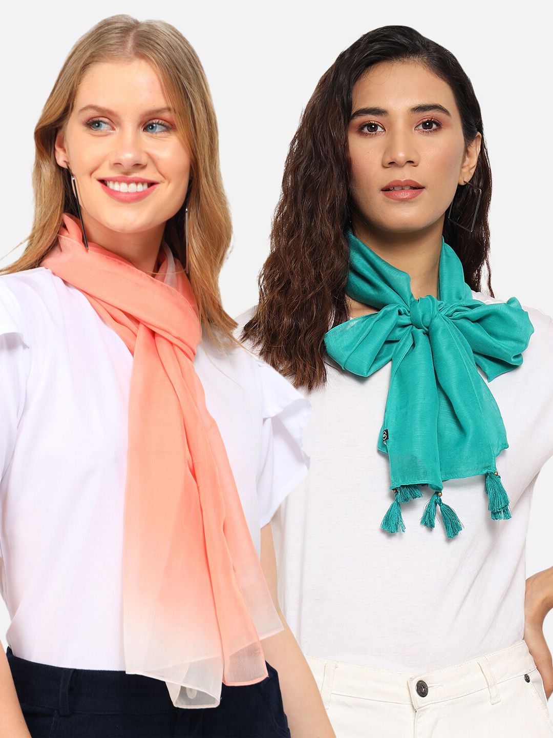 Trend Arrest Women Green & Peach-Coloured Set of 2 Scarves Price in India