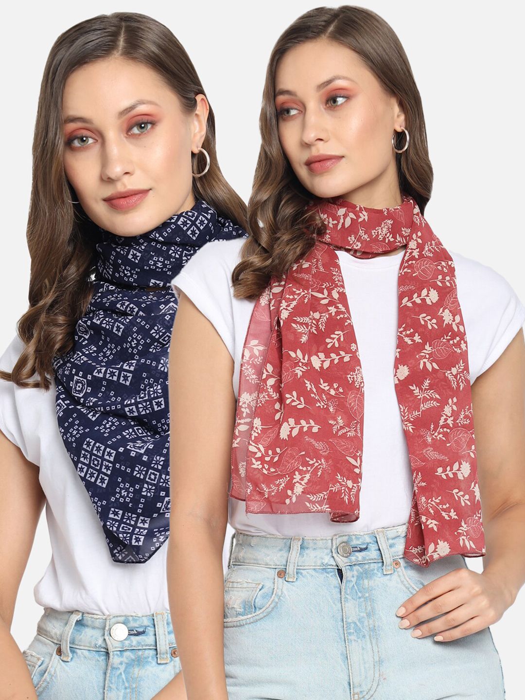 Trend Arrest Women Red & Navy Blue Set of 2 Printed Scarf Price in India