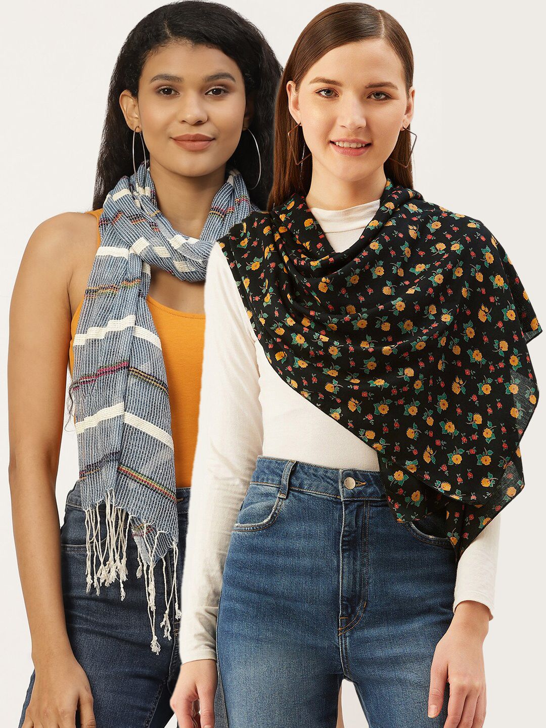 Trend Arrest Women Set Of 2 Grey & Black Printed Scarf Price in India