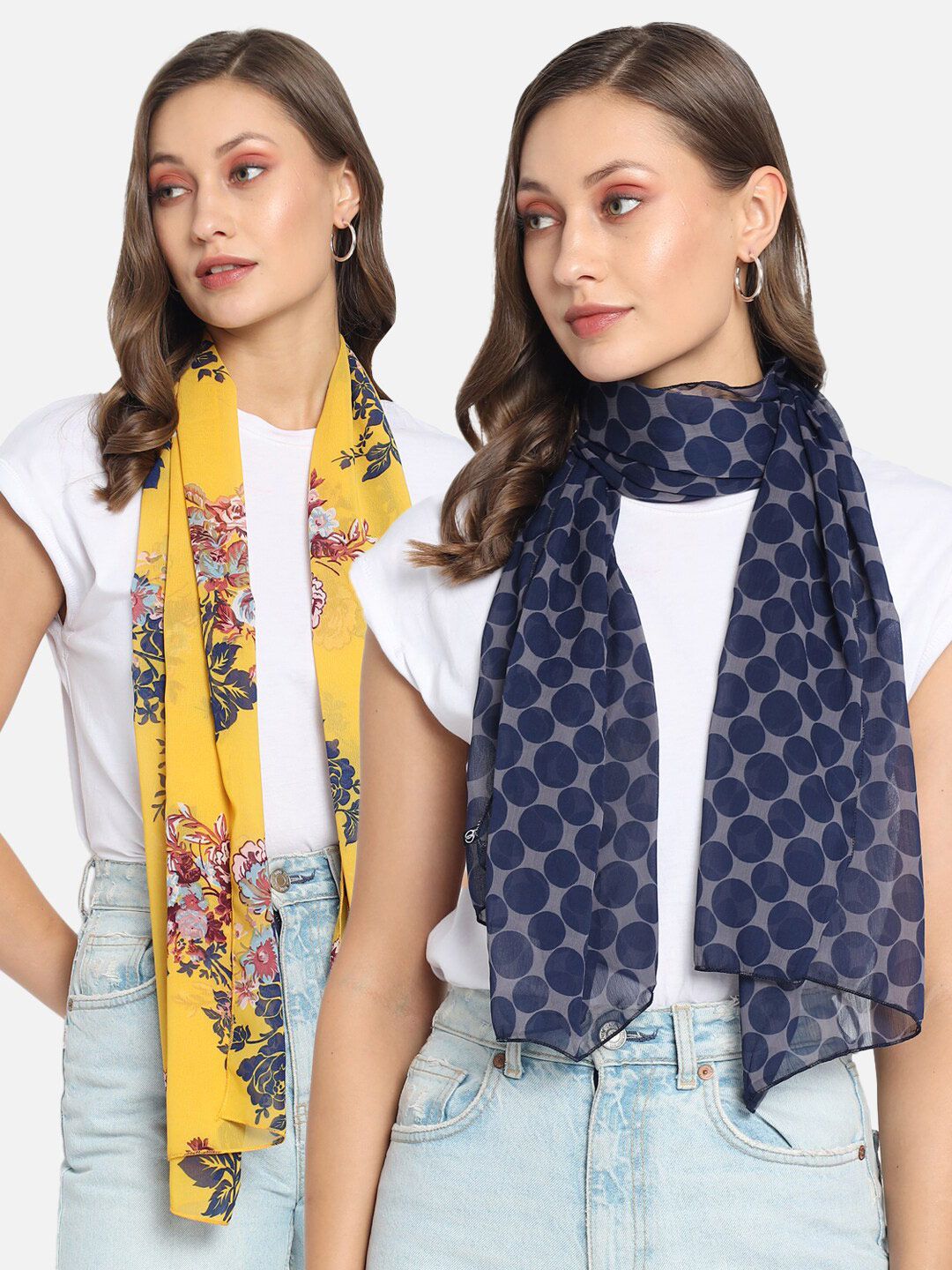 Trend Arrest Women Yellow & Navy Blue Set Of 2 Printed Scarves Price in India