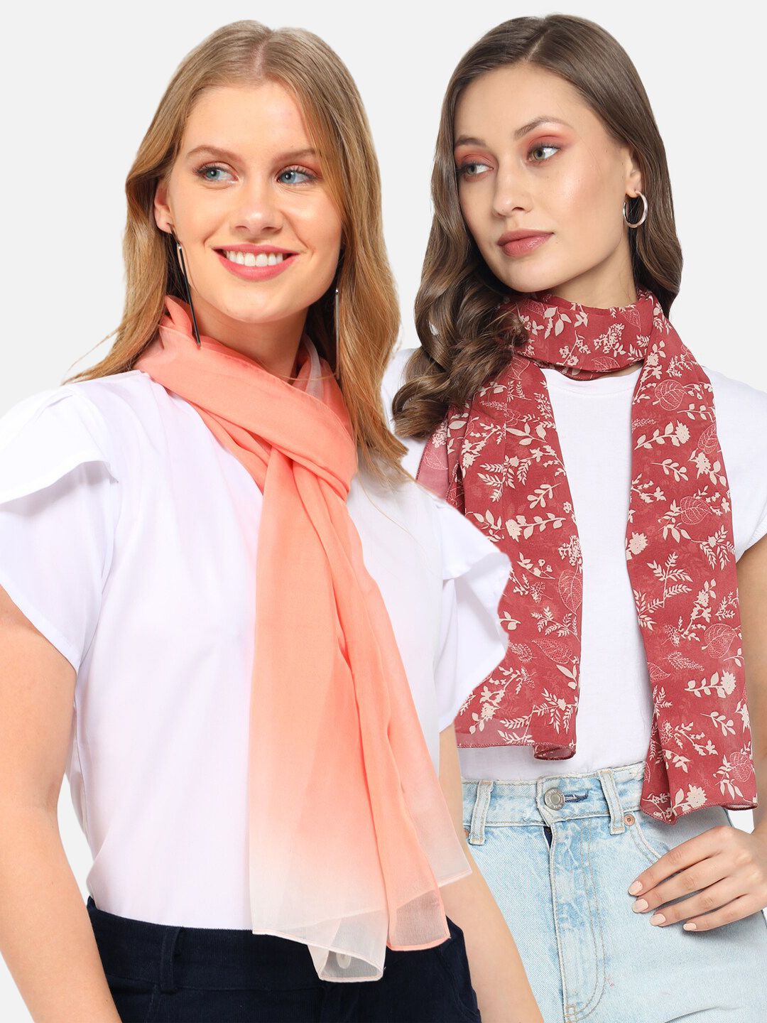 Trend Arrest Women Red & Peach-Coloured Printed Set of 2 Scarf Price in India