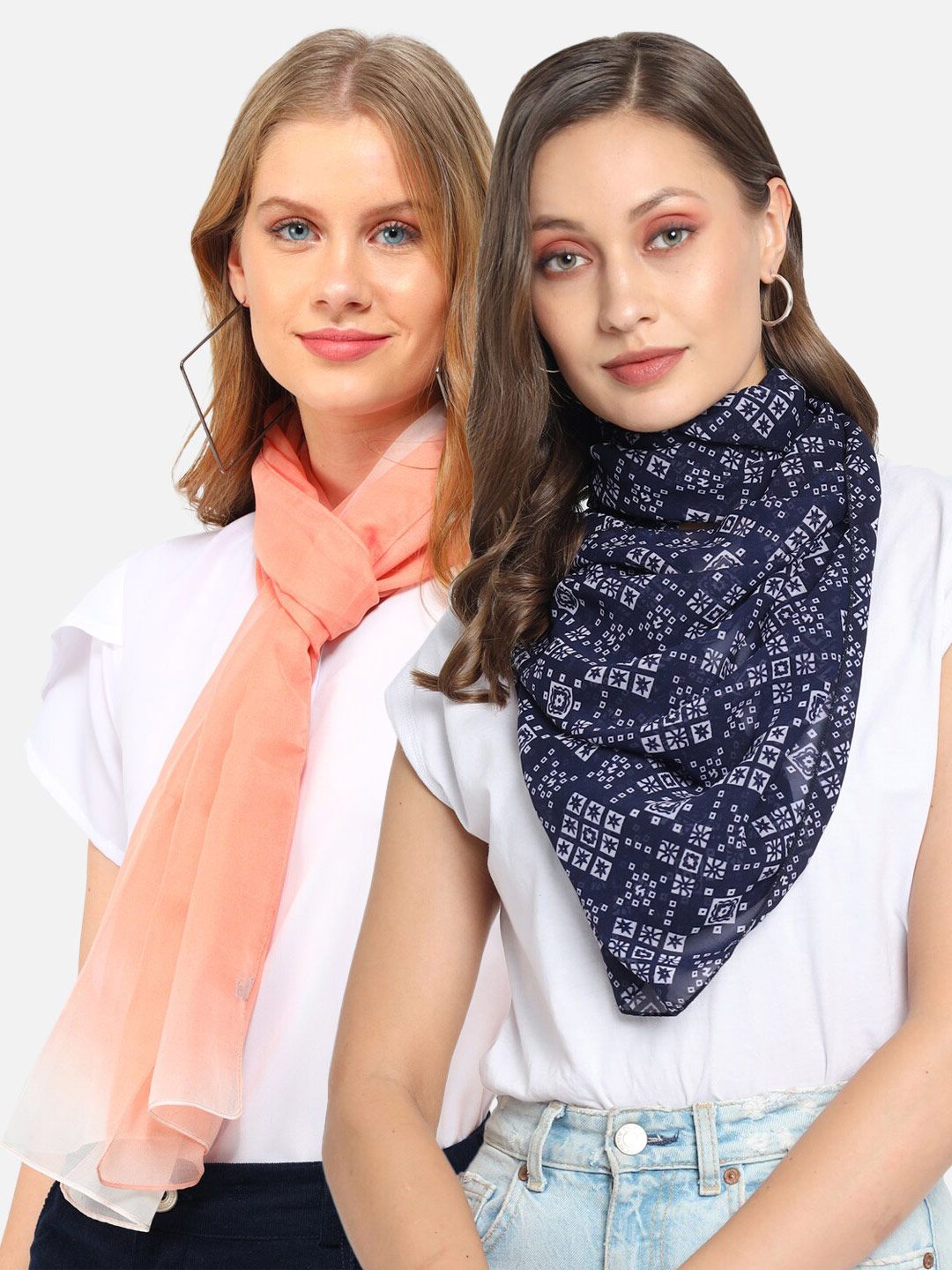 Trend Arrest Set Of 2 Women Orange & Navy Blue Printed Scarf Price in India