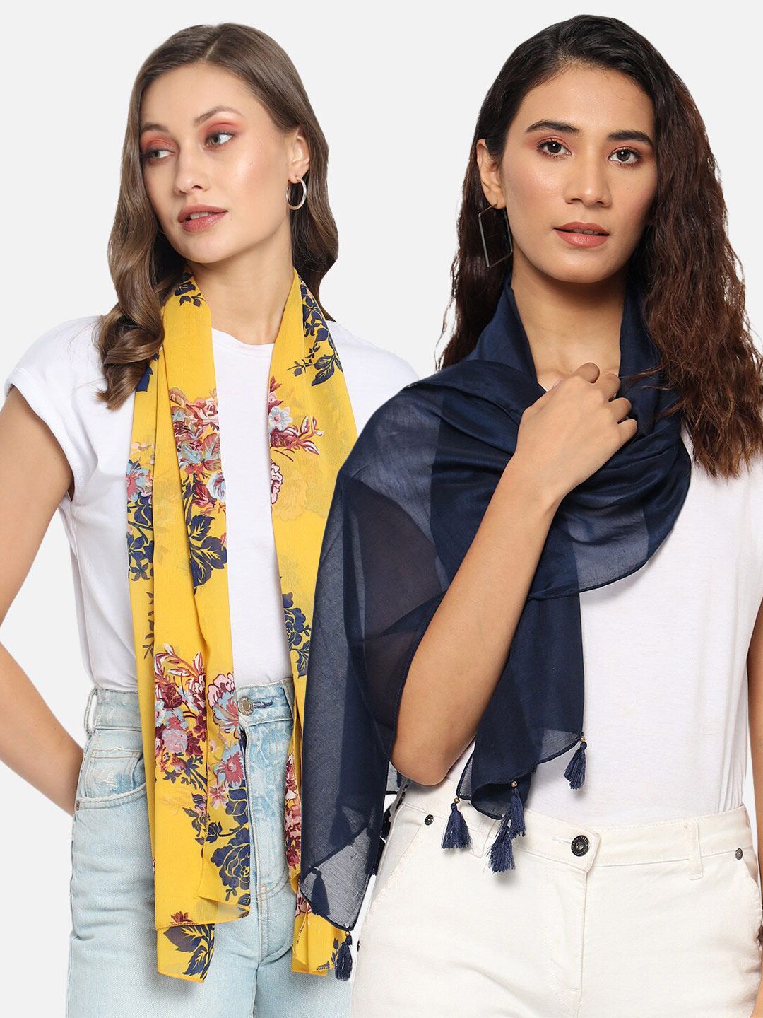 Trend Arrest Women Set Of 2 Navy Blue & Yellow Printed Scarf Price in India