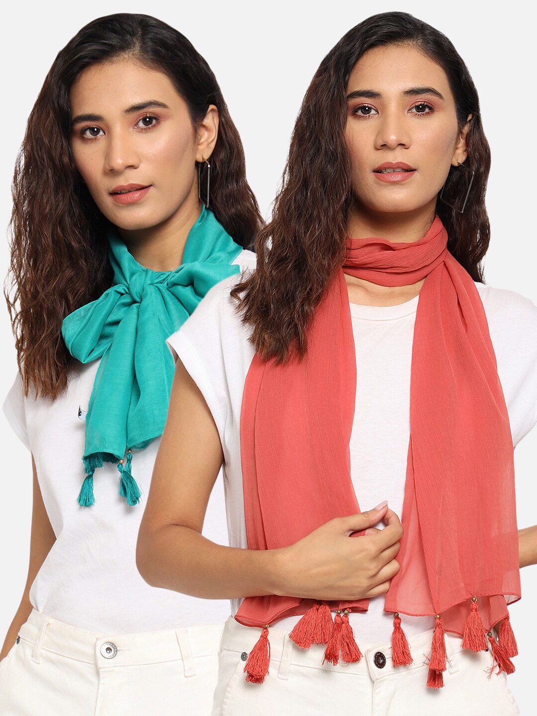 Trend Arrest Set Of 2 Women Teal & Peach-Coloured Scarf Price in India