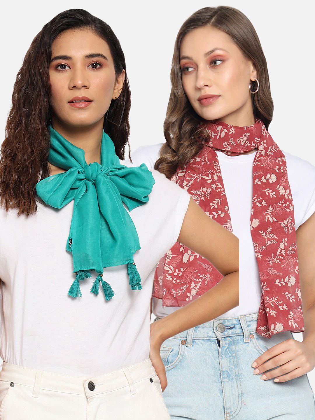 Trend Arrest Women Set Of 2 Red & Sea Green Printed Scarf Price in India