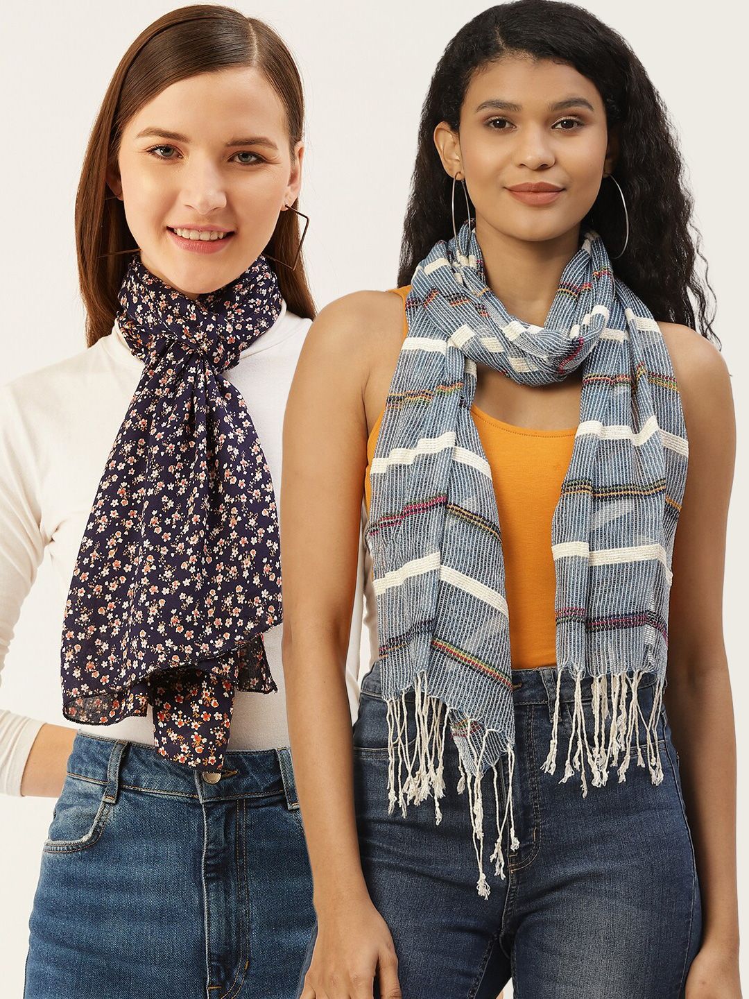 Trend Arrest Women Pack of 2 Navy Blue & Grey Printed Cotton Scarves Price in India