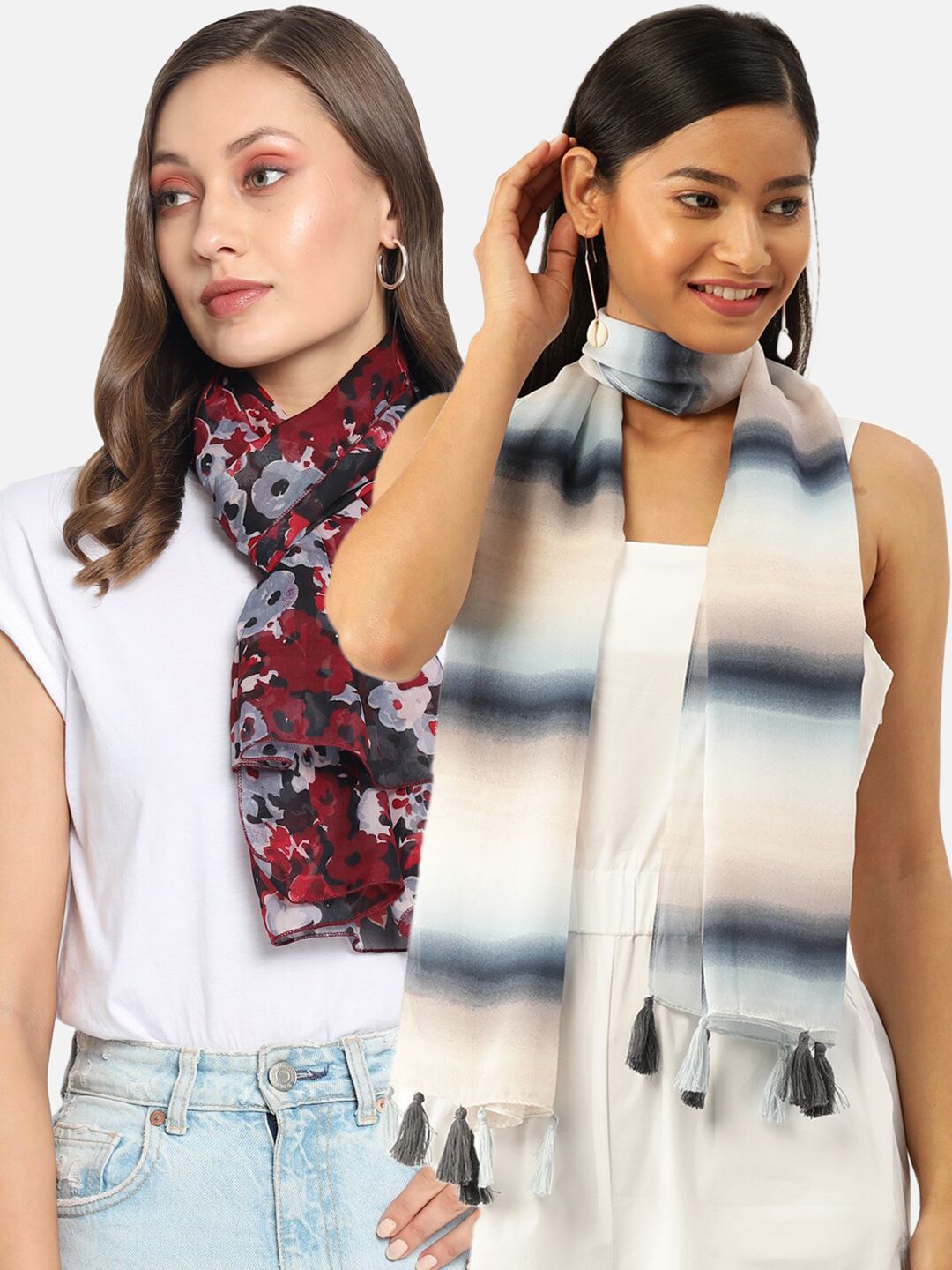 Trend Arrest Women Maroon & Grey Set Of 2 Printed Scarves Price in India