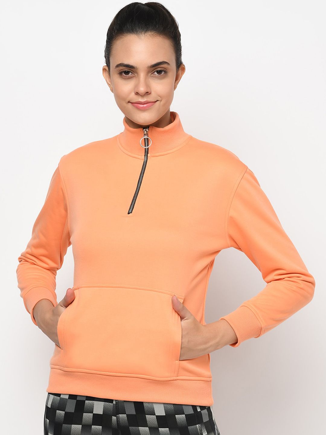 AGIL ATHLETICA Women Peach Orange Solid Mock Collar English Outdoor Sports Sweatshirt Price in India